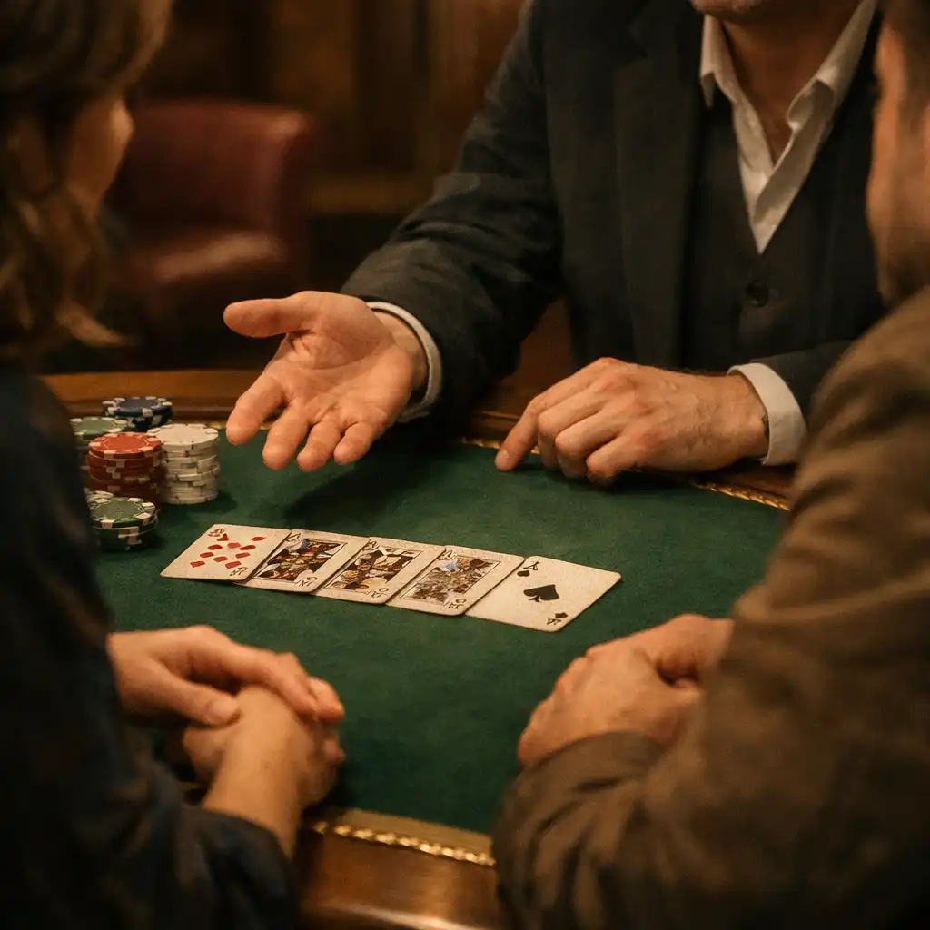 Host gesture and cards at a welcoming beginner poker table