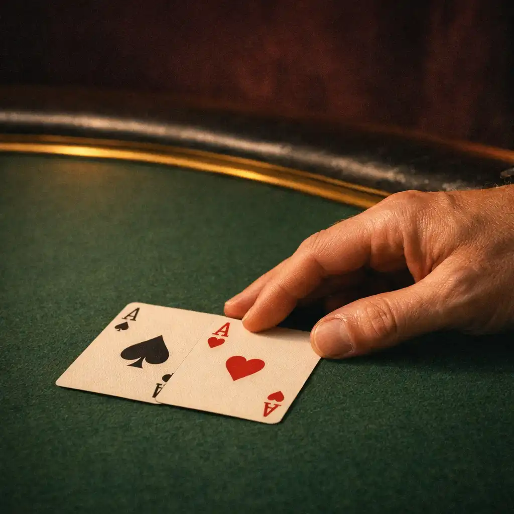 A hand placing physical playing cards neatly on forest-green felt beside an aged-brass table edge.