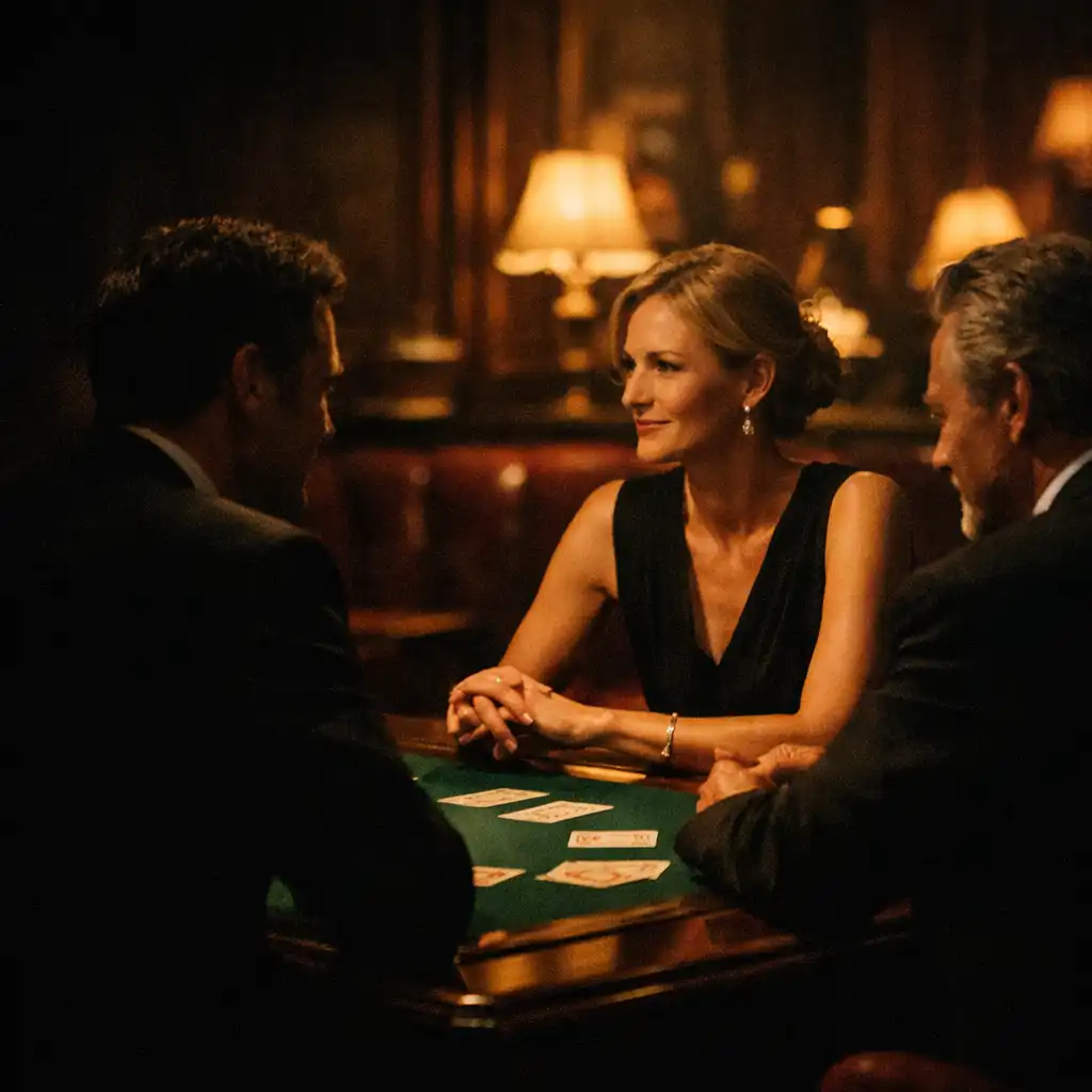 Guests in soft profile sharing quiet conversation around a physical poker table in the card lounge.