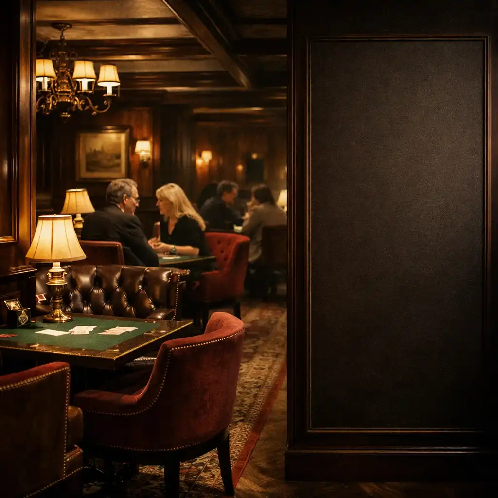 The club card lounge with velvet seating, small card tables, low lamps, and guests in quiet conversation
