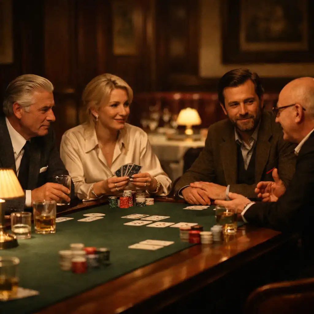 Guests gathered around a polished physical poker table