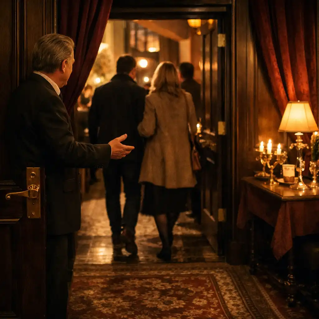 Guests entering a warmly lit walnut-lined club interior