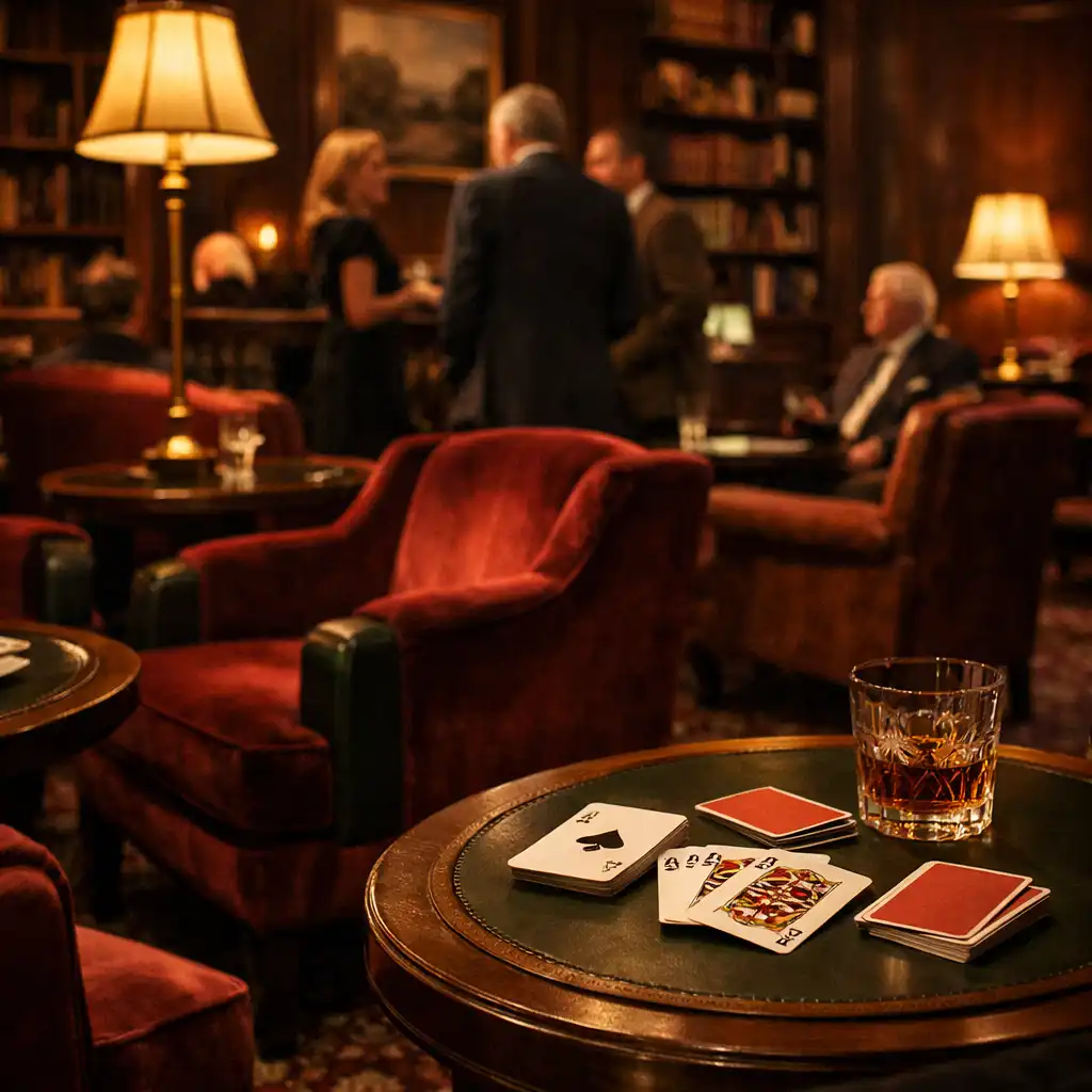 Burgundy velvet seating and guests talking in the dedicated card lounge