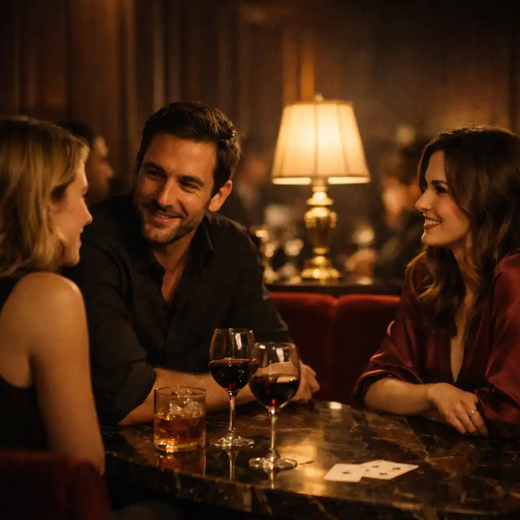Friends in relaxed conversation beside the softly lit card lounge