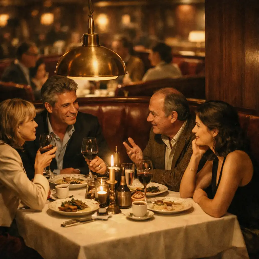 Friends sharing dinner at a candlelit linen-covered table