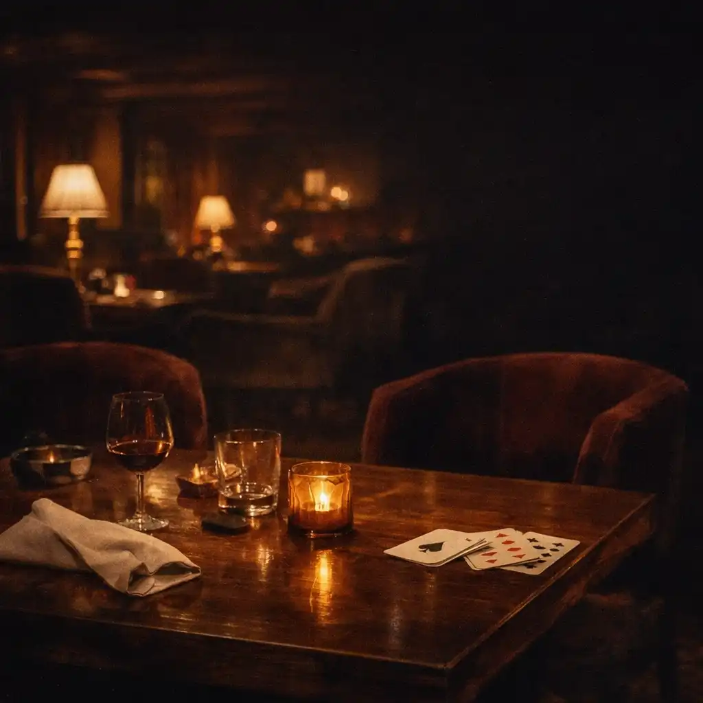 Quiet late-evening walnut table with candlelight, linen and cards set aside