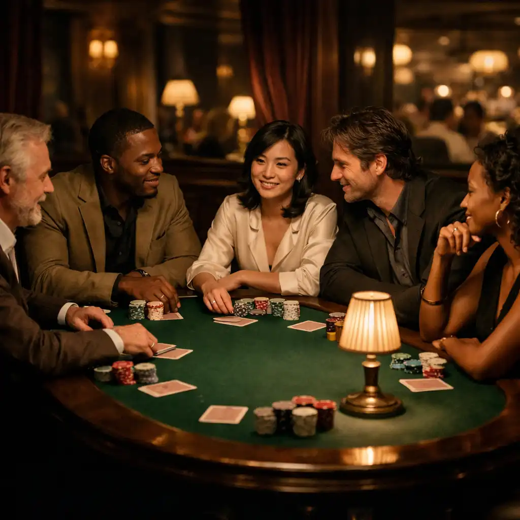 Guests seated face-to-face around a green felt poker table in a warm club room