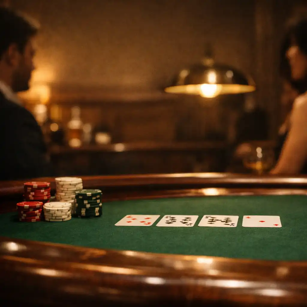 Forest-green felt poker table with cards, polished timber rail and guests nearby