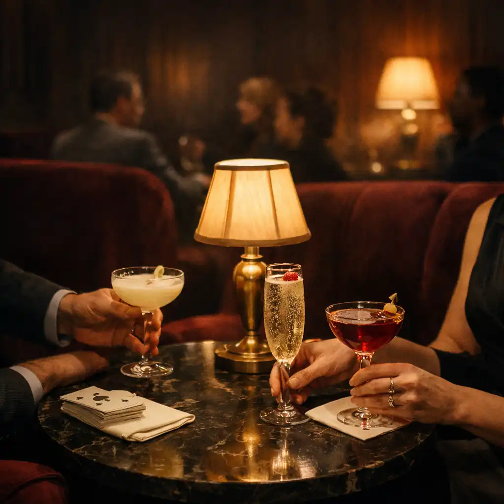 Guests with welcome drinks beside a marble table in the lounge