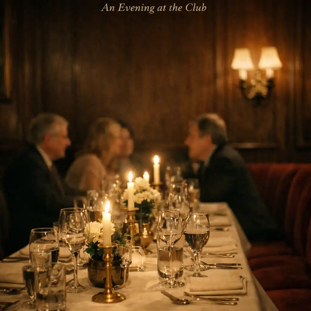 A long candlelit dinner table with cream linen, glassware and burgundy velvet seating in a dark walnut dining room.