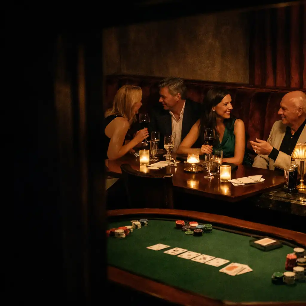 Guests in conversation at a dark timber dinner table beside a prepared green-felt poker table in a candlelit private-club room.