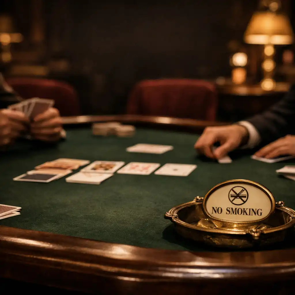Playing cards and guests’ hands around a deep green felt physical poker table with polished wood, burgundy velvet chairs and warm brass light.