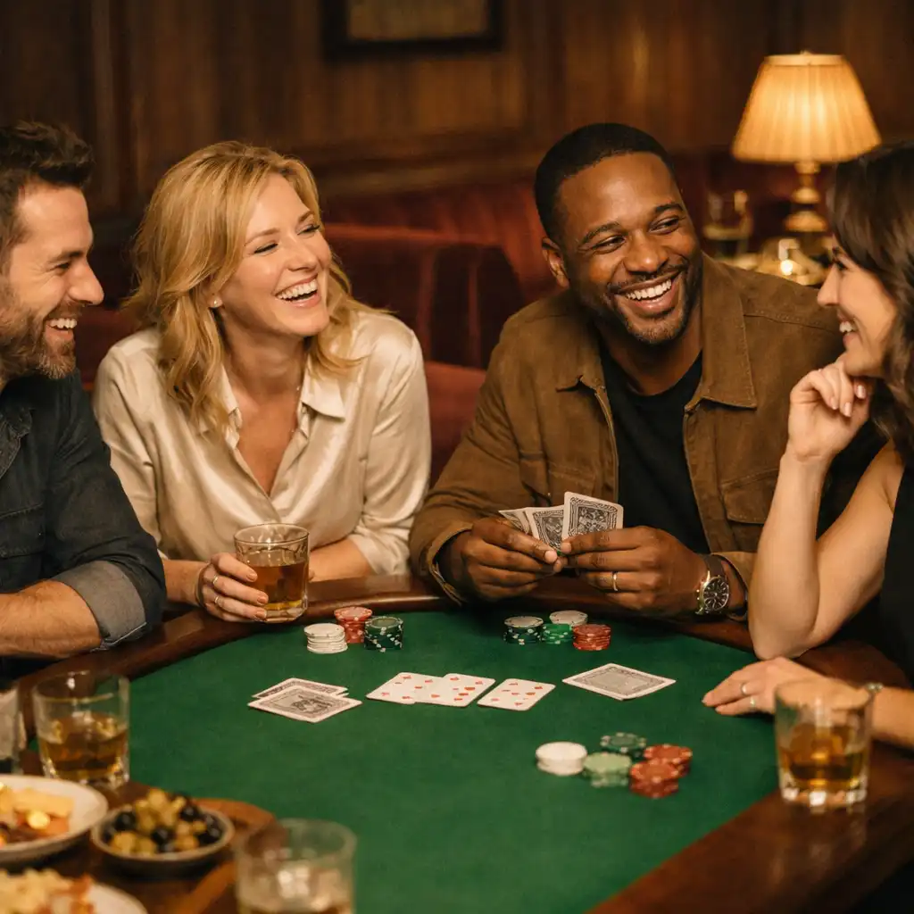 Friends talking around a poker table with dining nearby