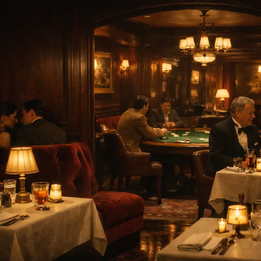 Candlelit restaurant tables opening towards a warmly lit card lounge after dusk