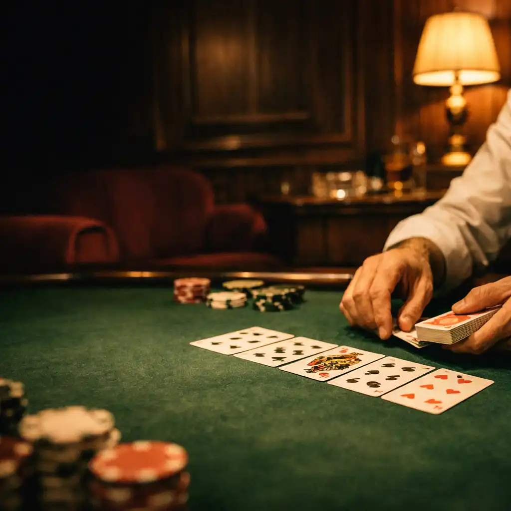Physical playing cards and a dealer's hands on forest-green felt in the warm shadow of the card lounge.