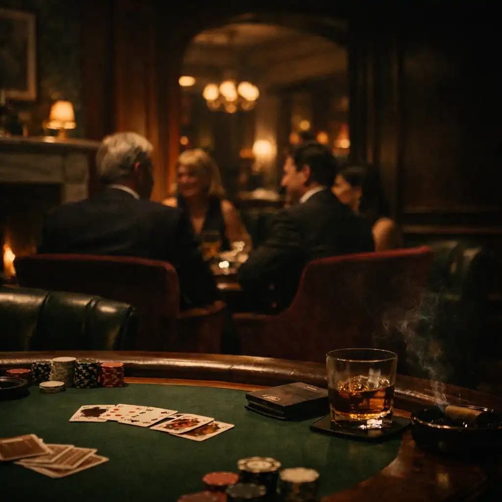 Guests in a moody late-night card lounge beside a poker table