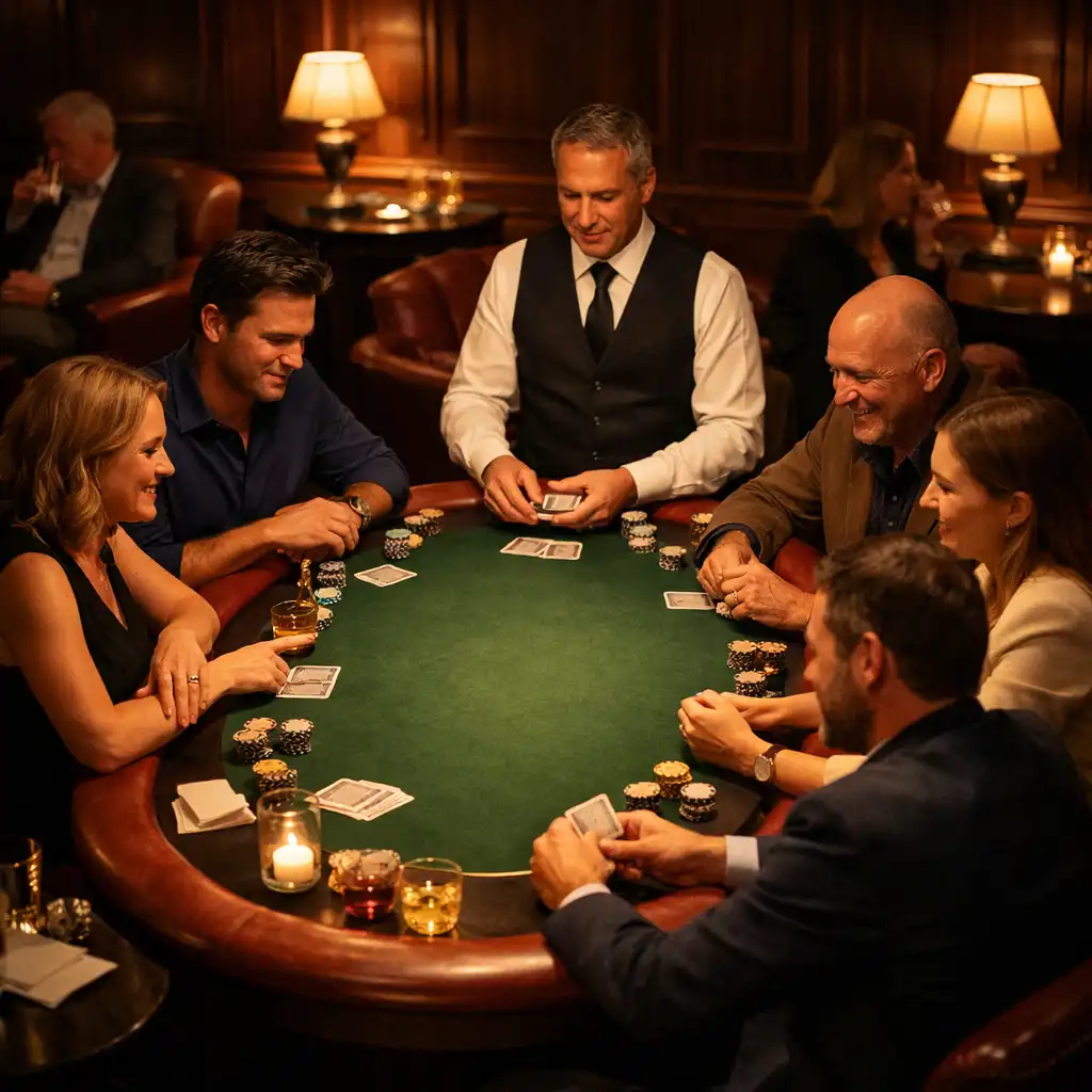Friends seated around a physical poker table in the club's intimate evening card lounge