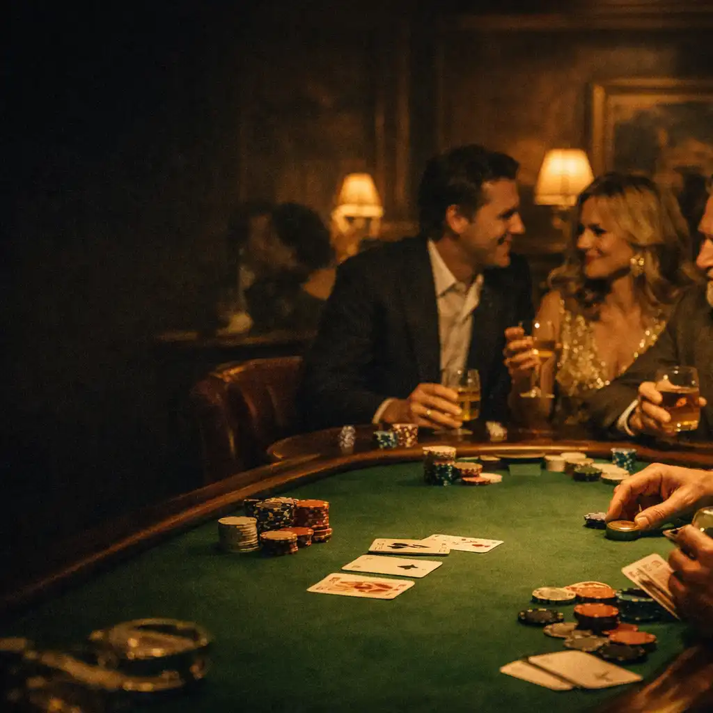 Guests gathered around a green felt poker table with cards and chips in the warm light of the club