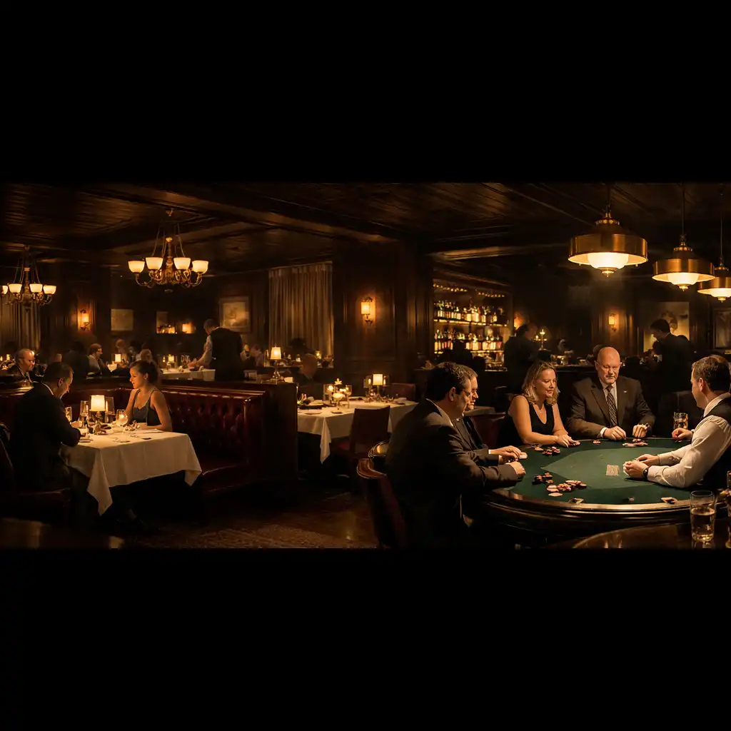 Wide view of the club after dark, with diners, guests at a physical poker table, dark timber, brass lamps, and burgundy seating