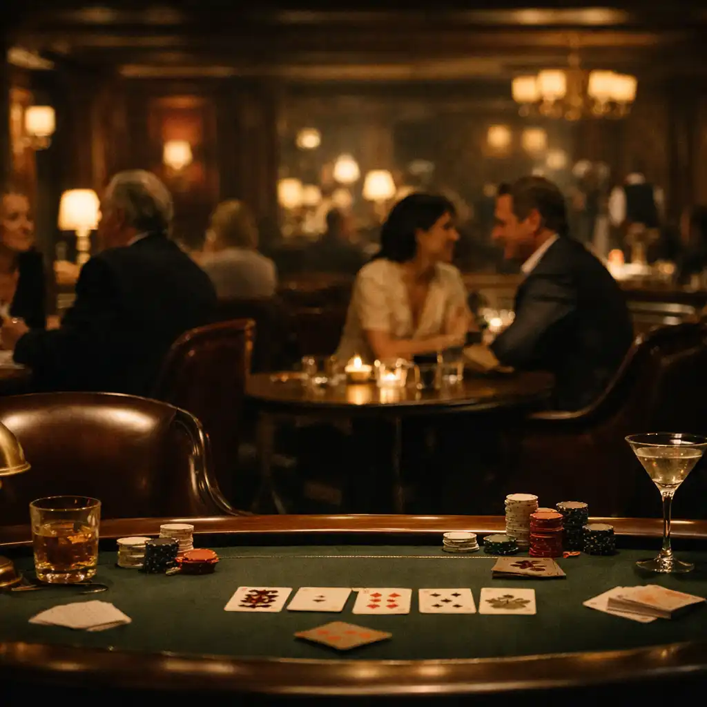 Late-night card lounge with guests in conversation around a physical poker table