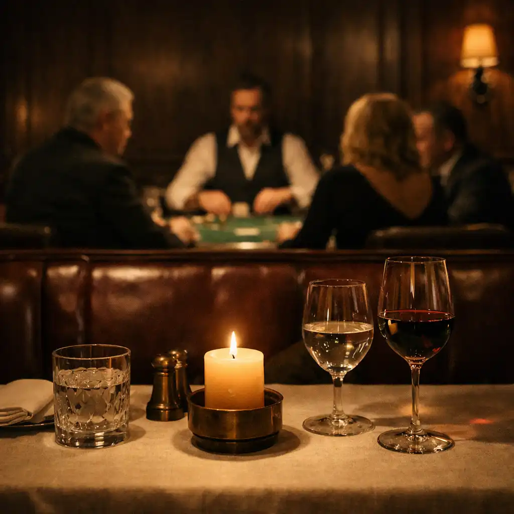 Warm dining table with poker evening activity deeper in the restaurant