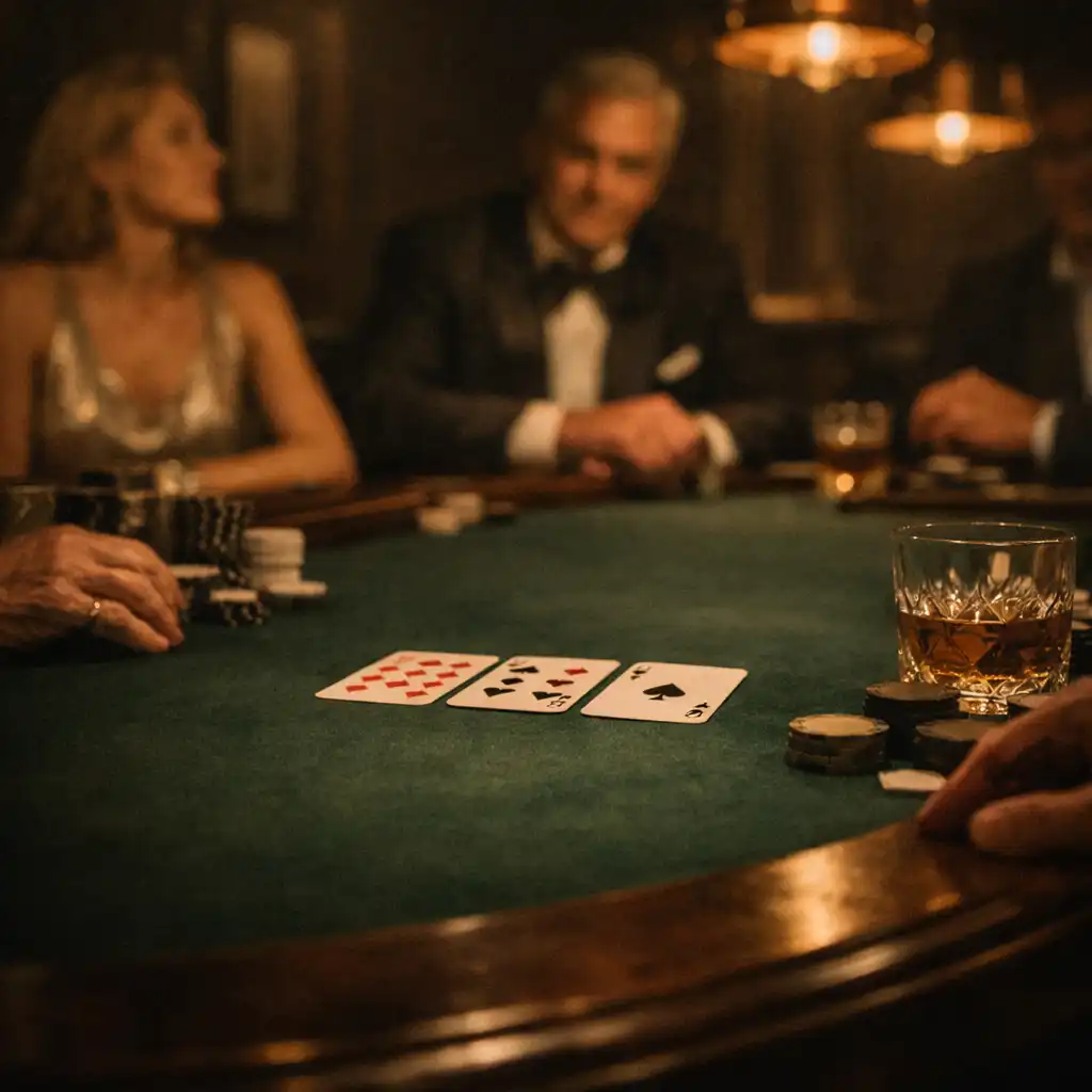 Physical poker table with cards, drinks and guests in warm evening light