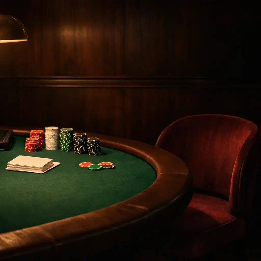 After-hours poker table under a warm lamp with green felt, returned cream cards, orderly chips, a card tray and an empty burgundy velvet chair.