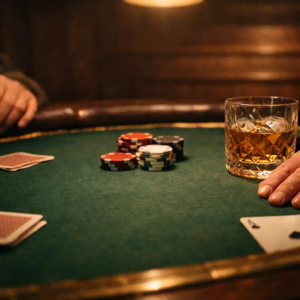 Close detail of green felt, cards, chips, hands and glassware at a poker table