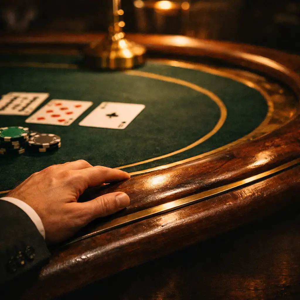 Close view of green felt, cards, walnut rail and a relaxed hand at a poker table