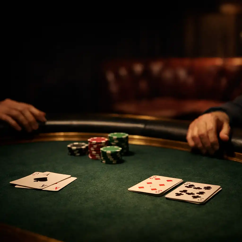 Close view of green felt, playing cards, chips, hands, and a timber-edged poker table in the club