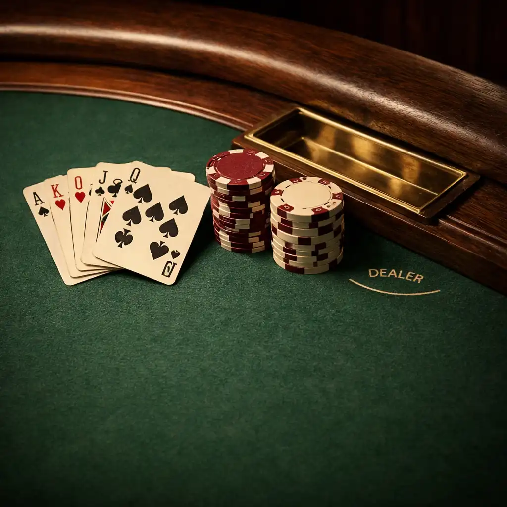 Close view of green felt, cream playing cards, tactile poker chips, a walnut rail, brass-trimmed card tray and dealer-area marking.