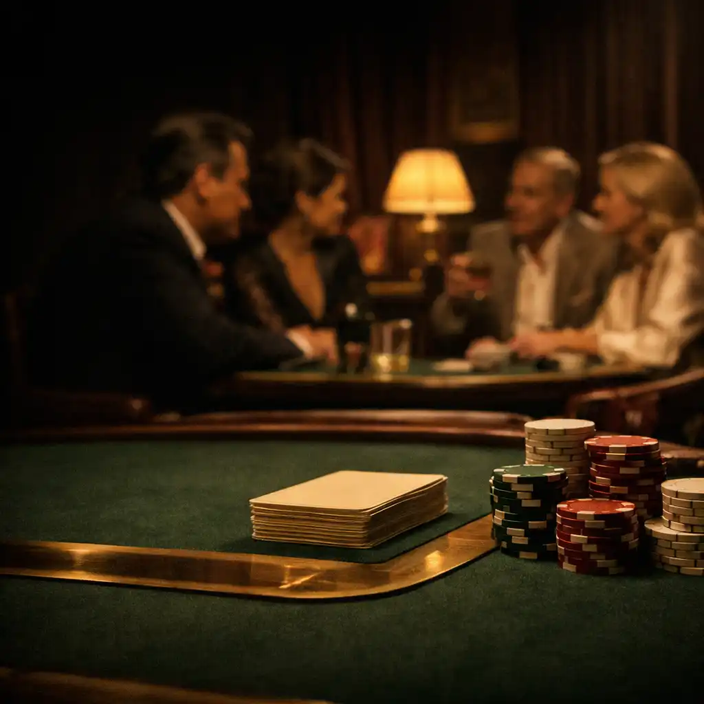 A real forest-green poker table in the card lounge, with playing cards, chips, a dealer area and guests seated in warm low light.