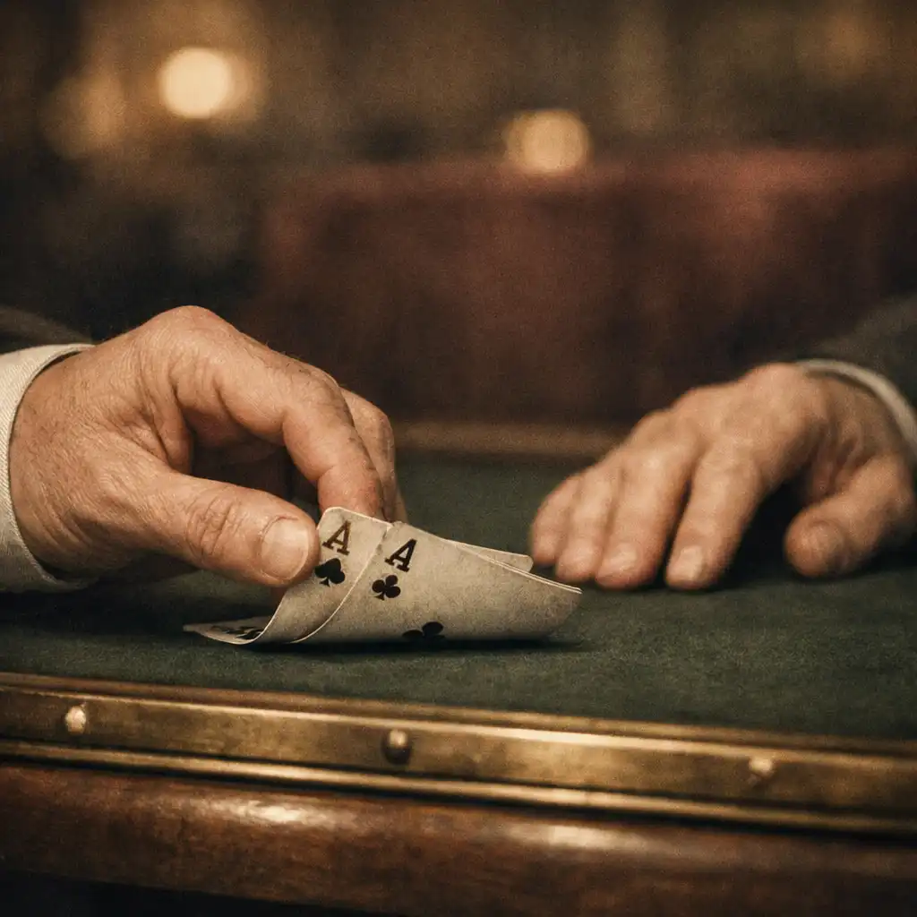 Two guests' hands carefully viewing physical cards above green felt and a walnut table edge.