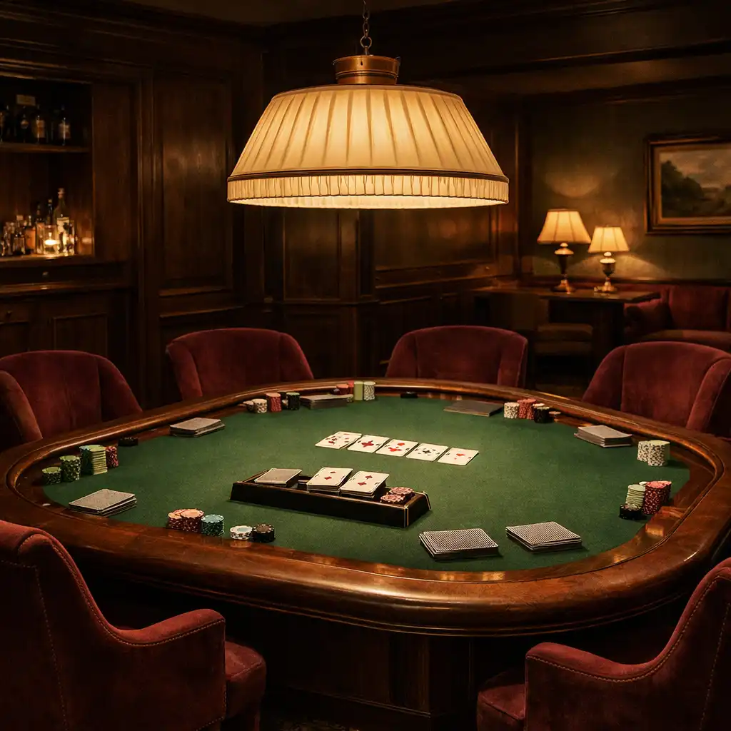 Wide view of the card lounge with a forest-green poker table, warm pendant light, burgundy velvet chairs, orderly cards and dark timber surroundings.