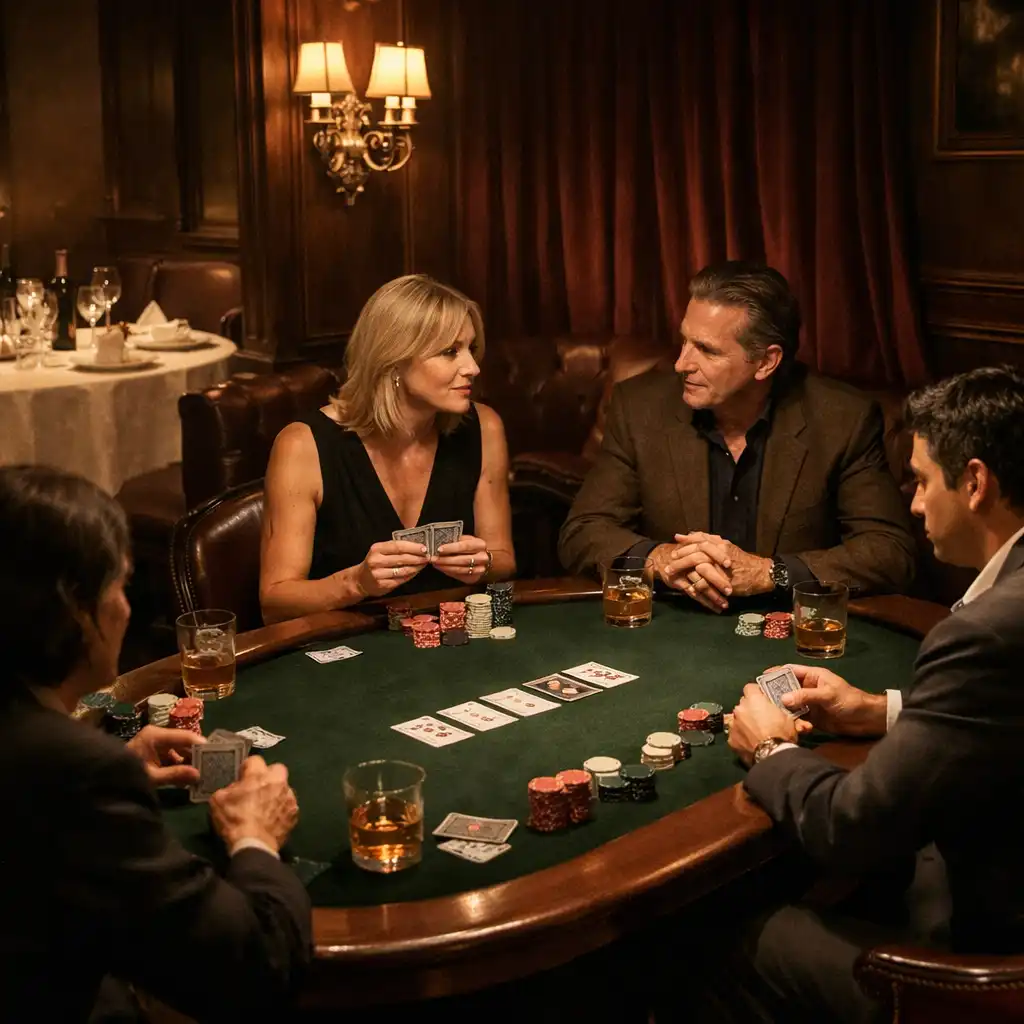 Small private group around a dedicated poker table in a refined room