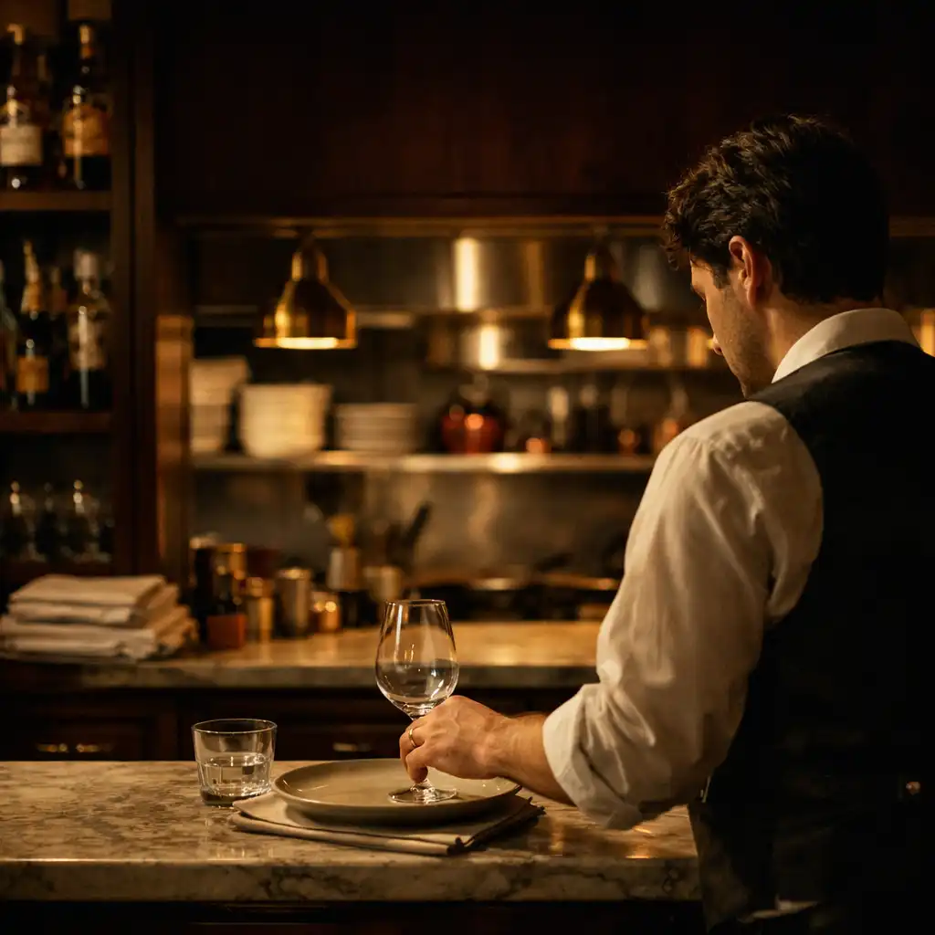 Restaurant service at a marble bar with glassware, ceramics and warm brass light