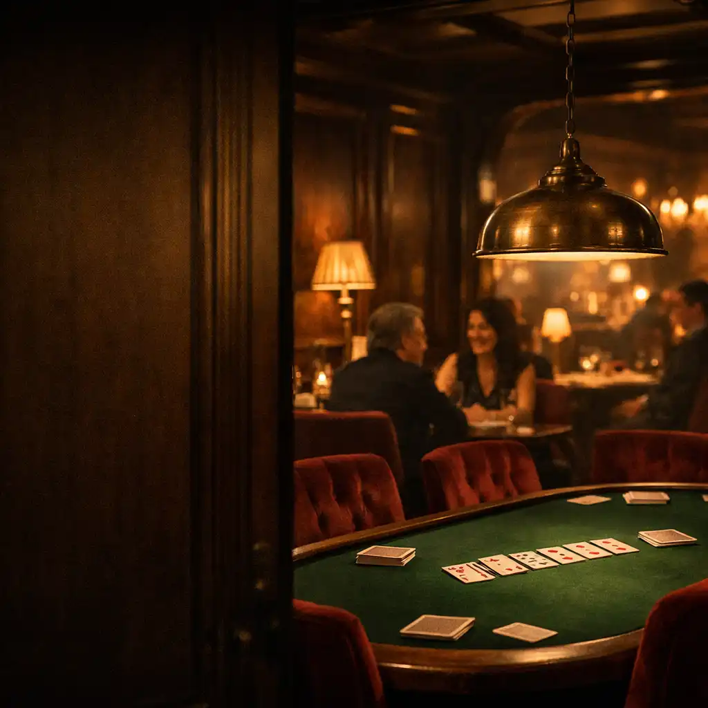 Physical green felt poker table in a warmly lit card lounge with velvet chairs and brass lighting