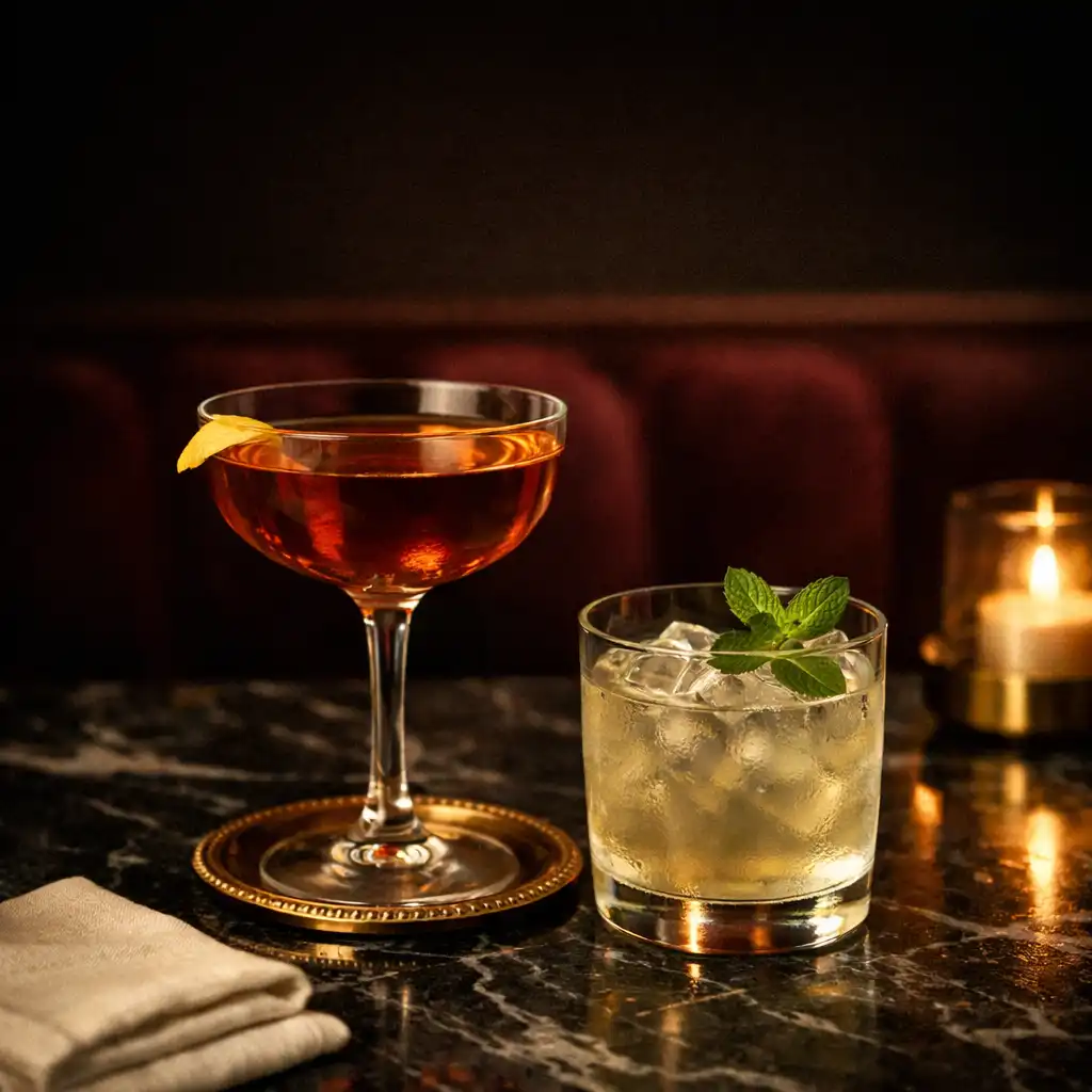 Evening cocktail and non-alcoholic drink beside linen and brass on a marble bar