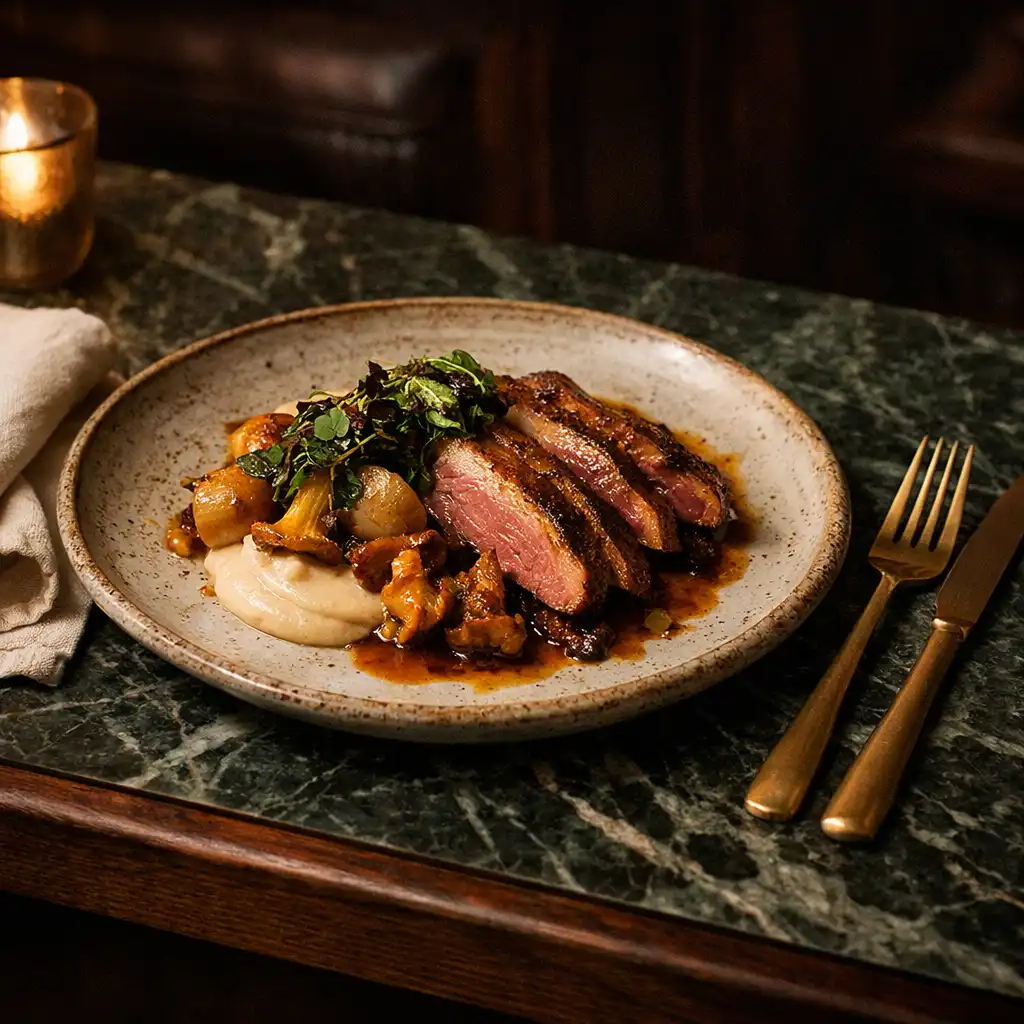Seasonal plate on handmade ceramics with linen and brass cutlery on dark marble