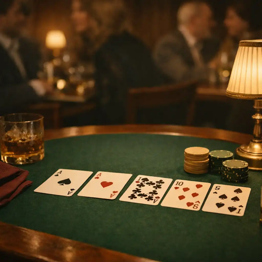 Cards, glassware and brass lamp on a green felt poker table